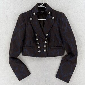Bebe Blazer Womens Medium Brown Floral Wool Military Cropped Button Jacket